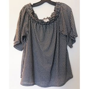 Elle Gingham Houndstooth Plaid Ruched Neckline Top